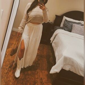 Elegant White Maxi Skirt and beige sweater